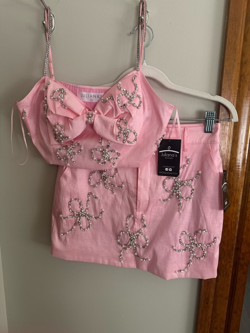 Pink Embellished Mini Dress Set - Bow Front